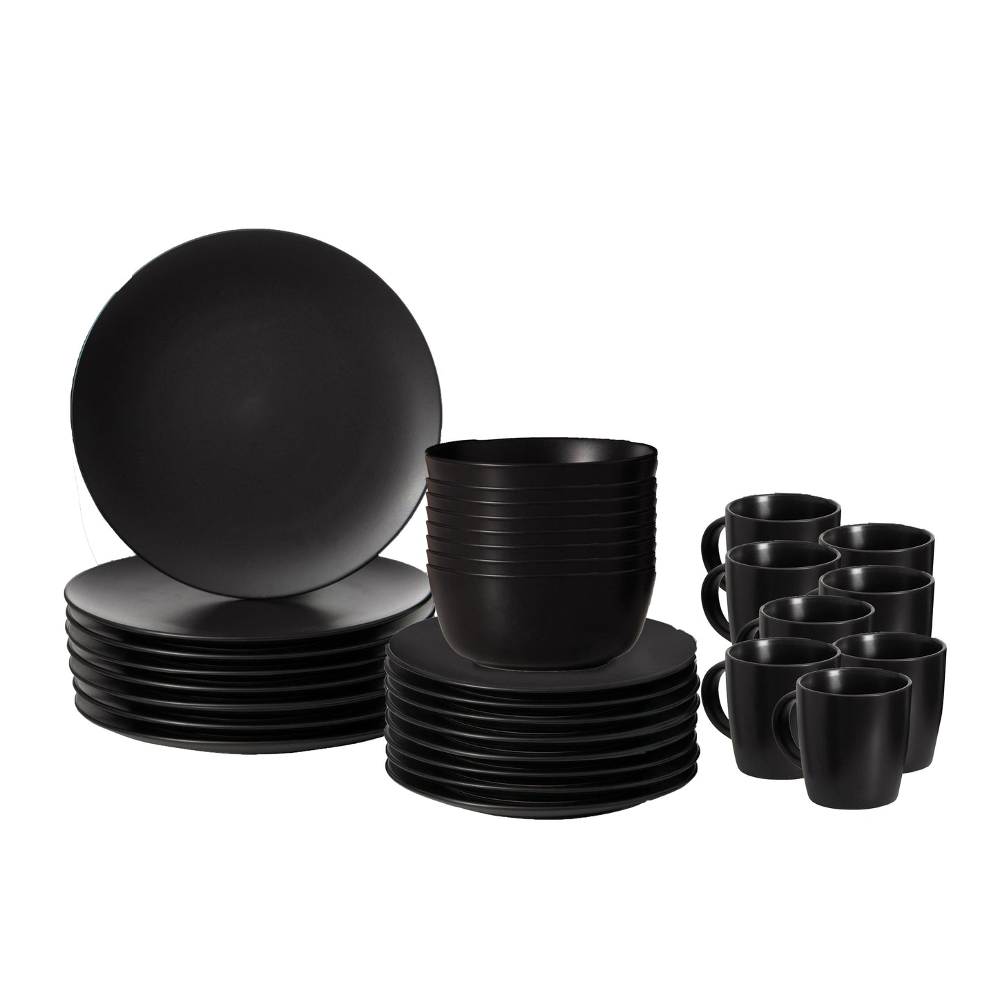 Service de table 16 pièces pour 4 personnes | Tasses, assiettes à salade, bols et saladiers, résistant aux éclats et aux fissures, noir mat