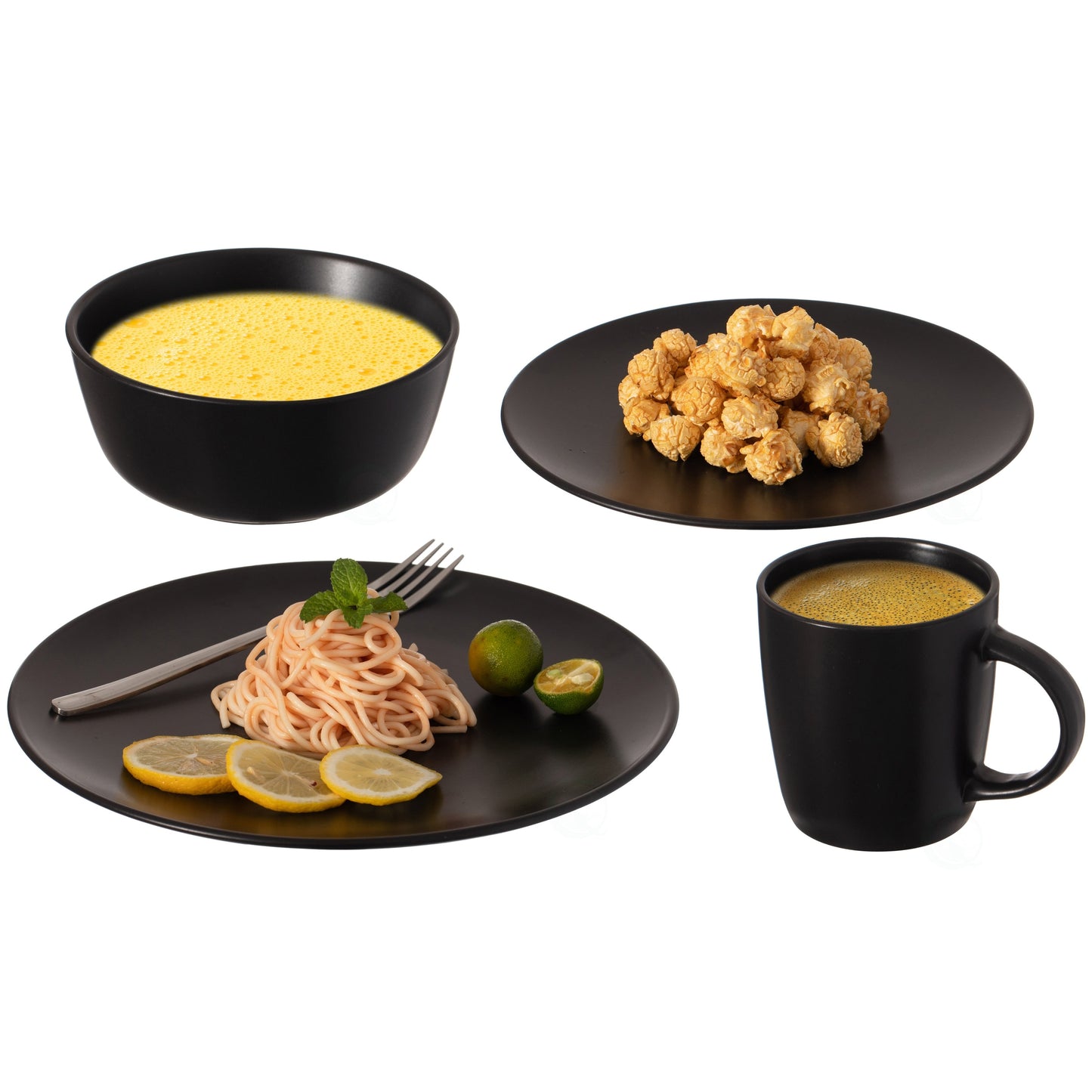 Service de table 16 pièces pour 4 personnes | Tasses, assiettes à salade, bols et saladiers, résistant aux éclats et aux fissures, noir mat
