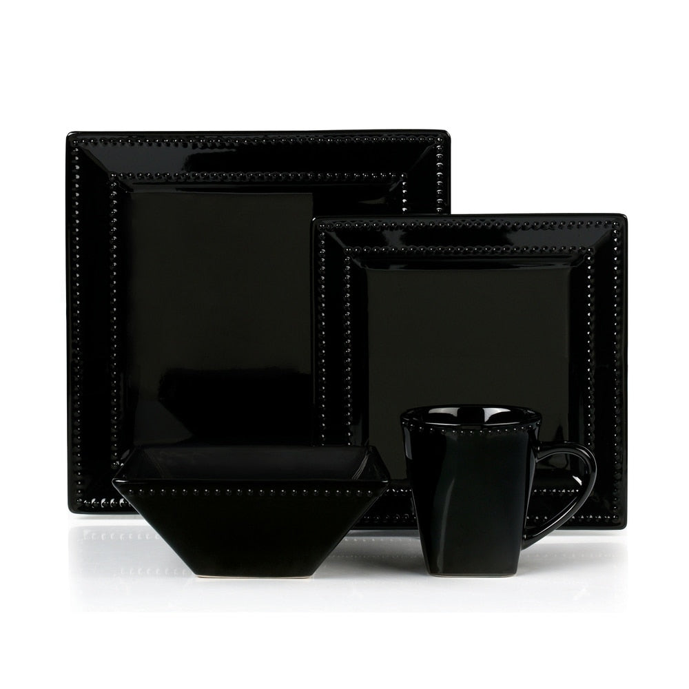 Service de table carré en grès perlé, 16 pièces, Lorren Home Trends, noir
