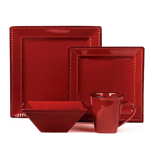 Service de table carré en grès perlé, 16 pièces, Lorren Home Trends, rouge