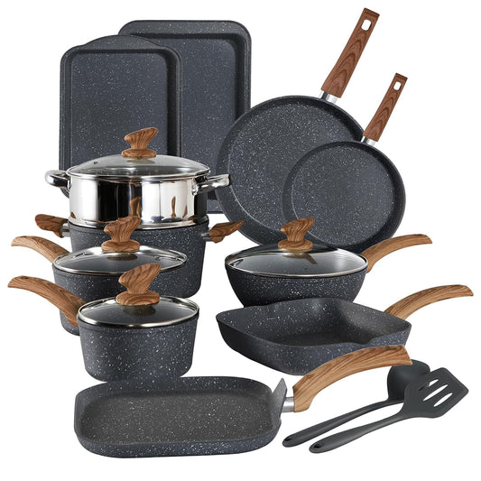 Batterie de cuisine en granit 17 pièces, ensemble de casseroles et poêles antiadhésives