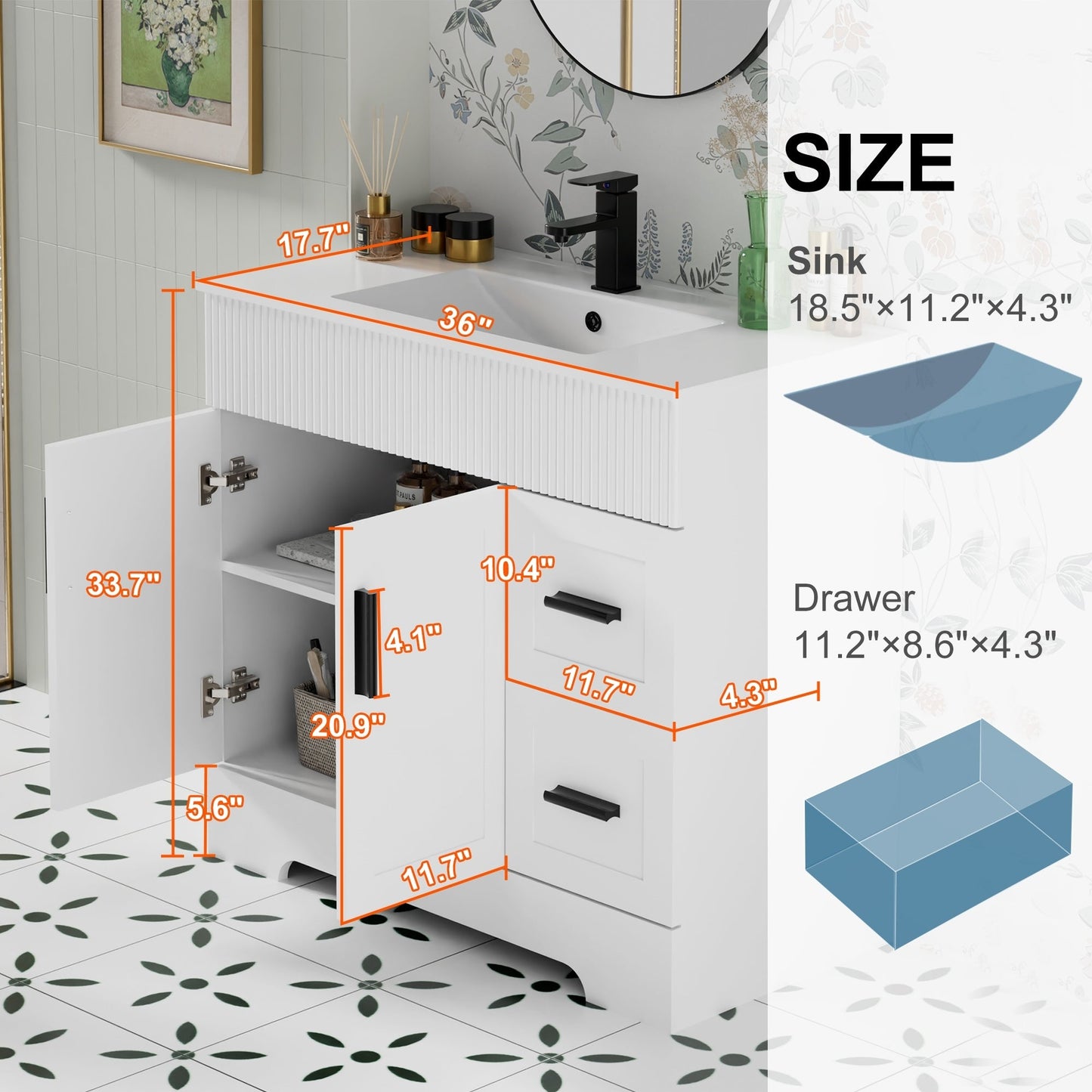 Ensemble de meuble-lavabo Wavy Line 30/36/48 avec lavabo et robinet