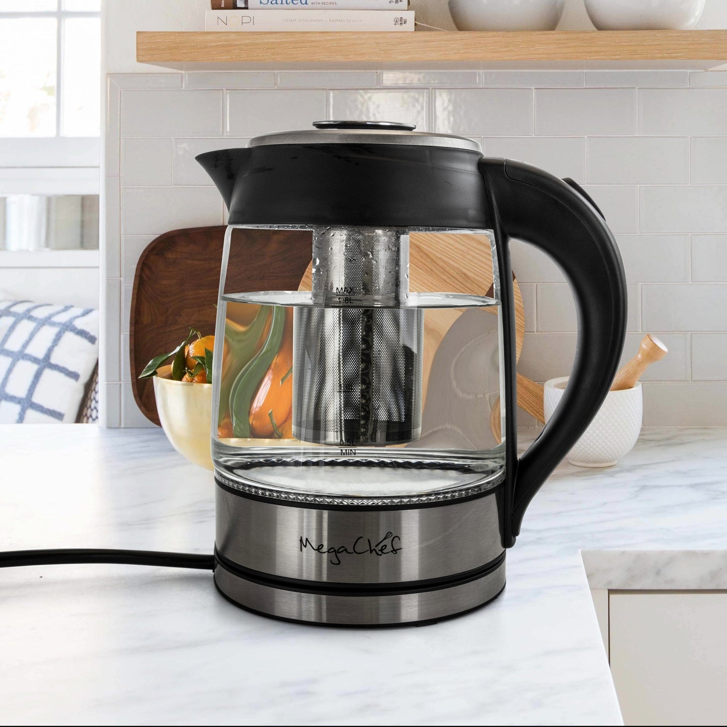 Bouilloire électrique et infuseur à thé en verre et acier inoxydable de 1,8 litre