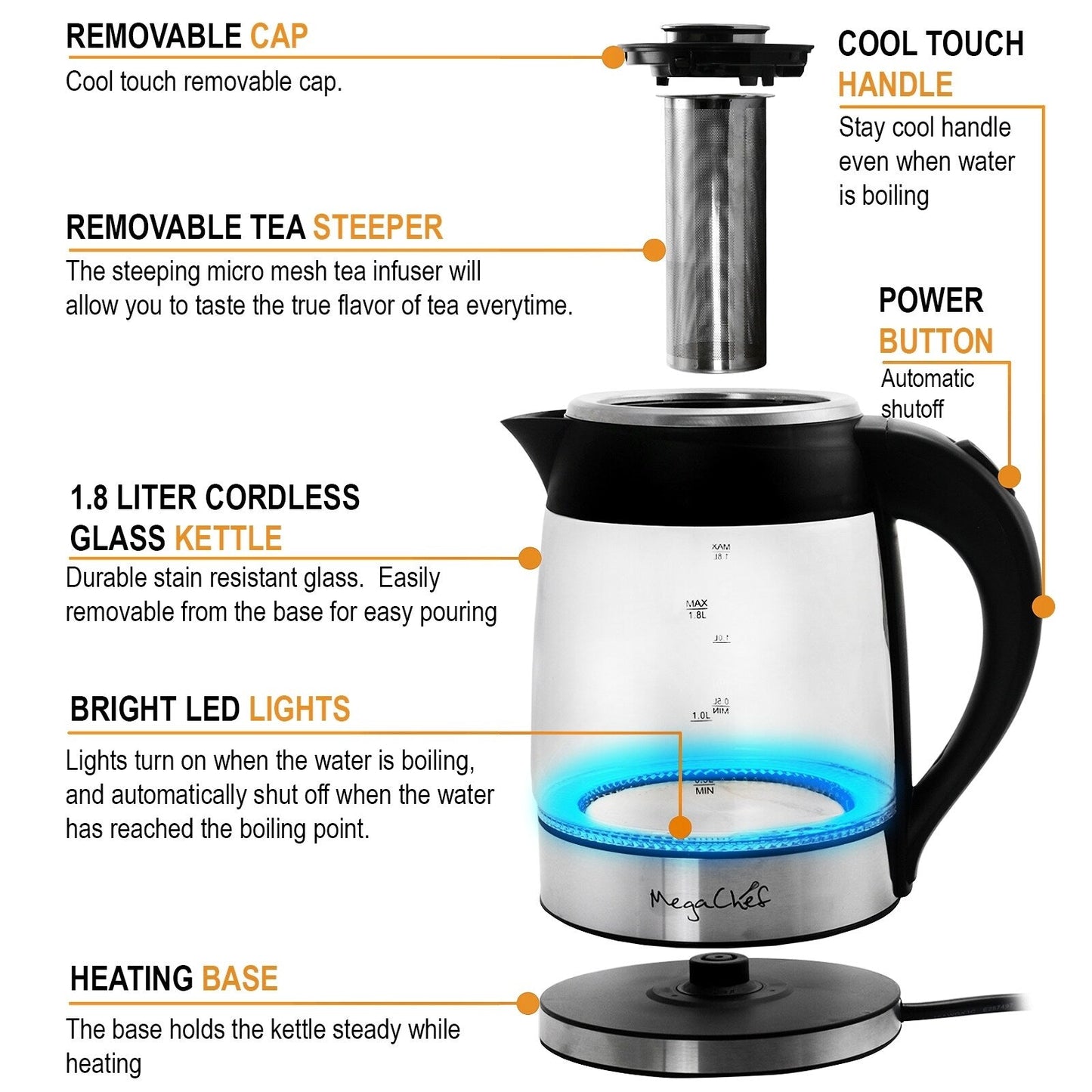 Bouilloire électrique et infuseur à thé en verre et acier inoxydable de 1,8 litre