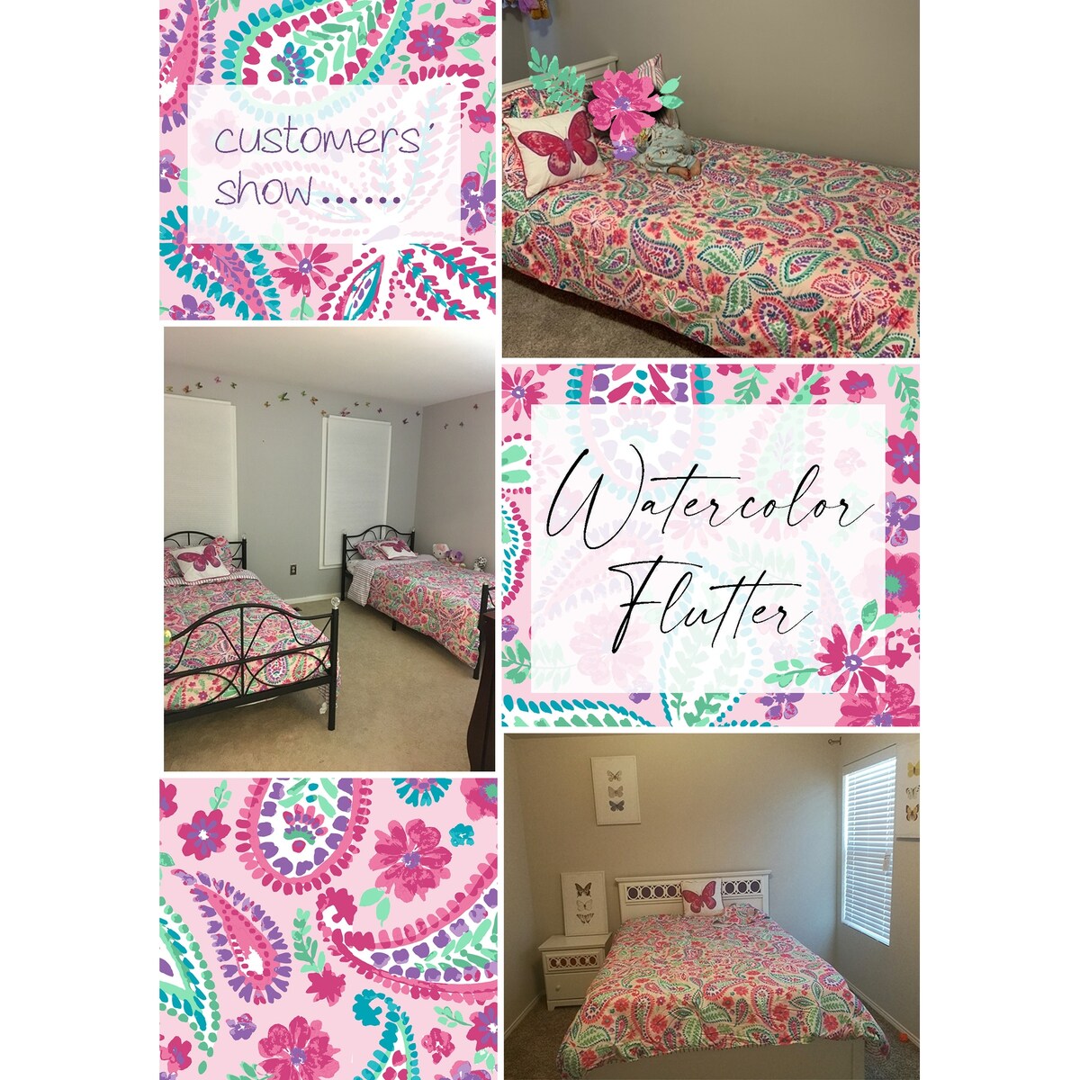 Parure de lit à motif floral rose aquarelle avec coussin décoratif papillon