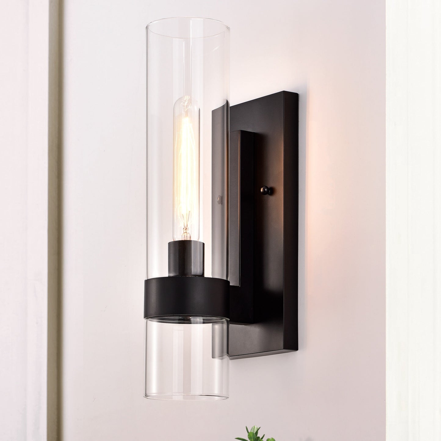 Applique murale cylindrique en verre transparent à 1 lumière