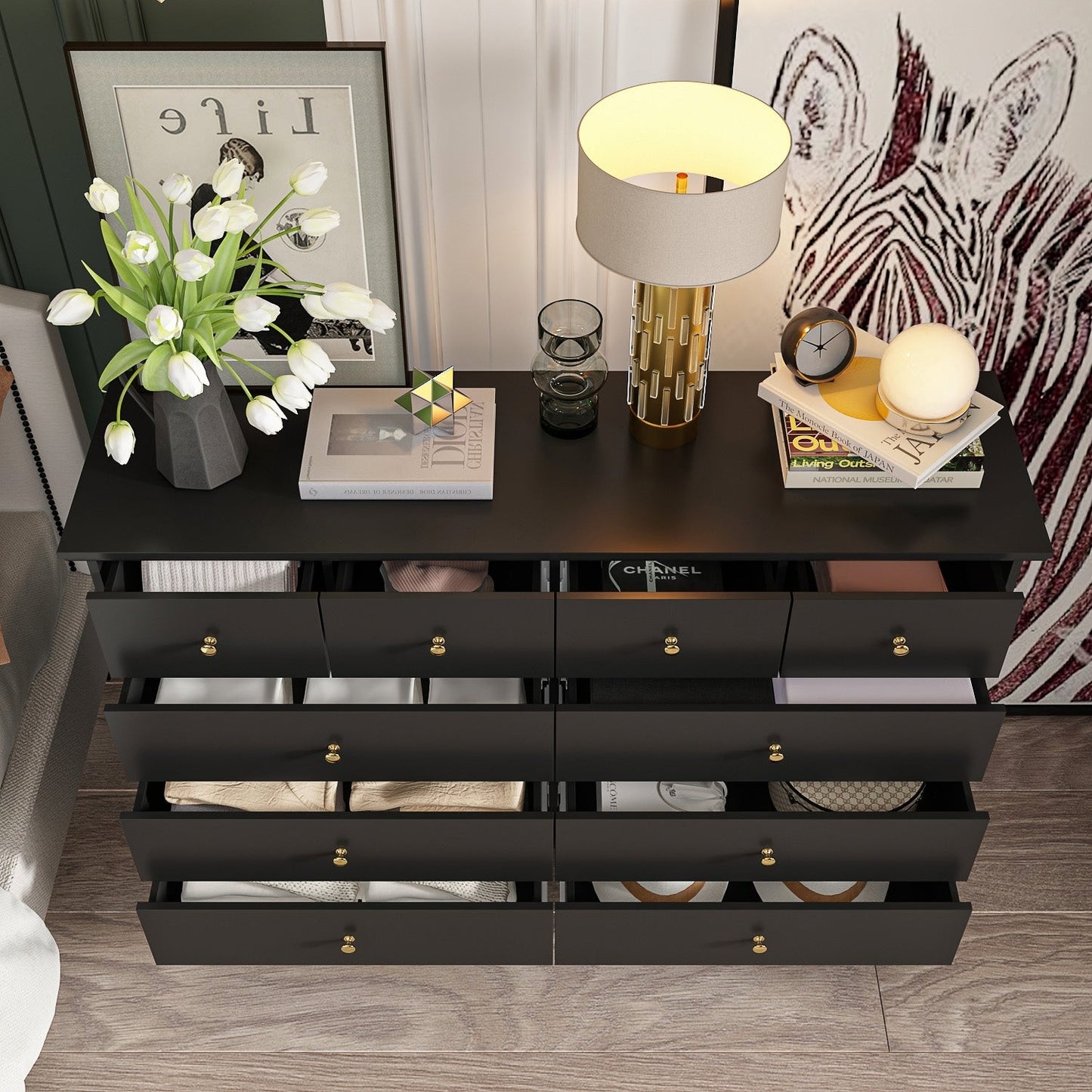 Commode double blanche à 10 tiroirs pour chambre à coucher, grand espace de rangement