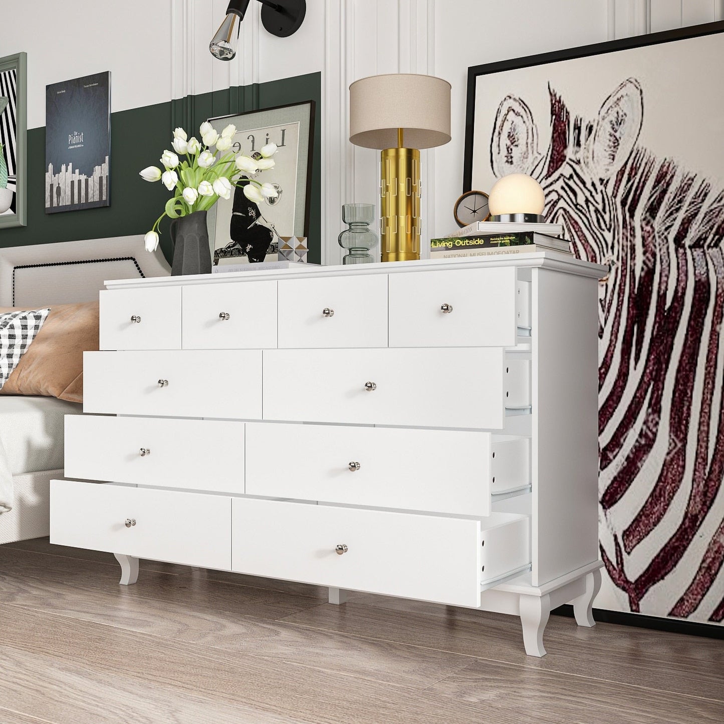 Commode double blanche à 10 tiroirs pour chambre à coucher, grand espace de rangement