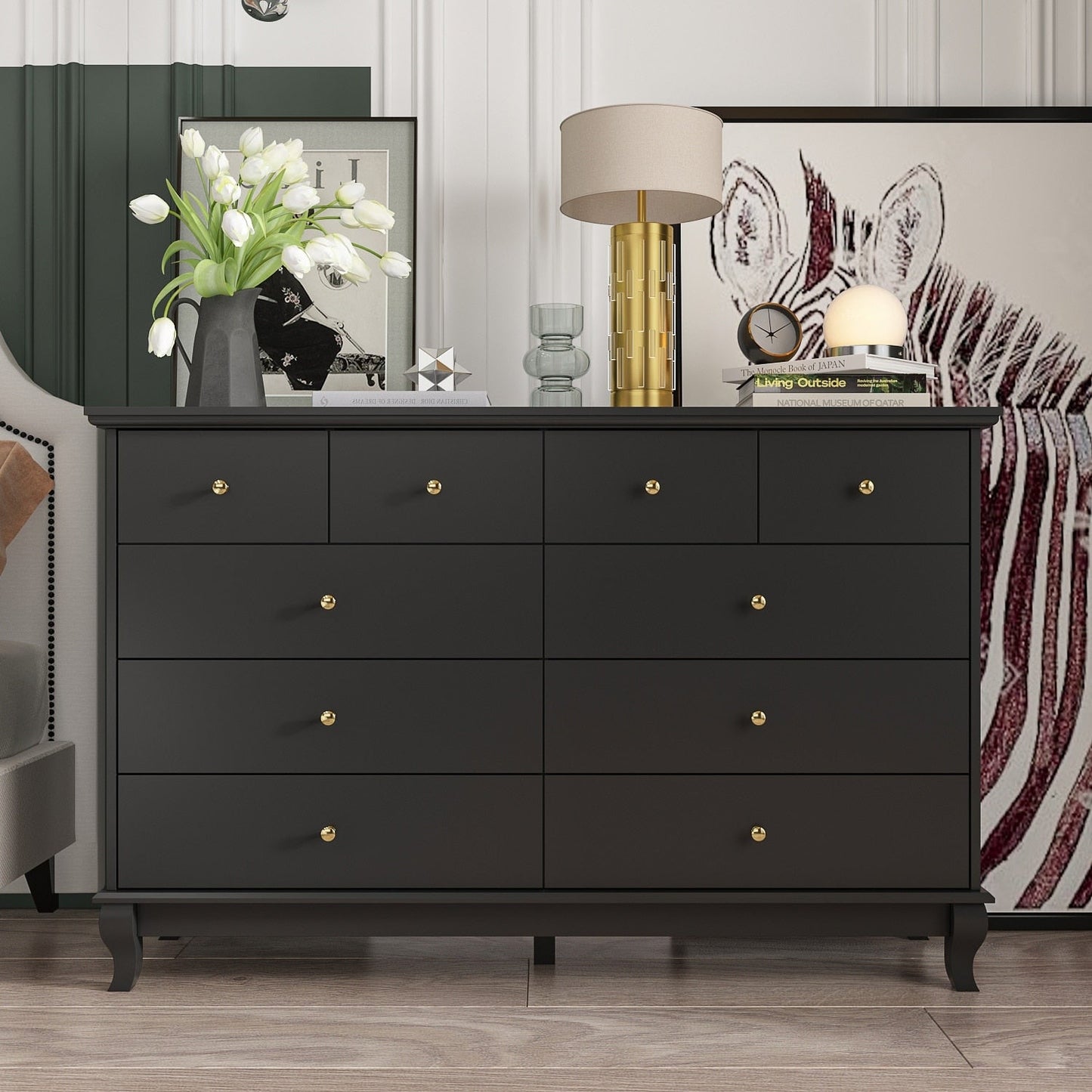 Commode double blanche à 10 tiroirs pour chambre à coucher, grand espace de rangement