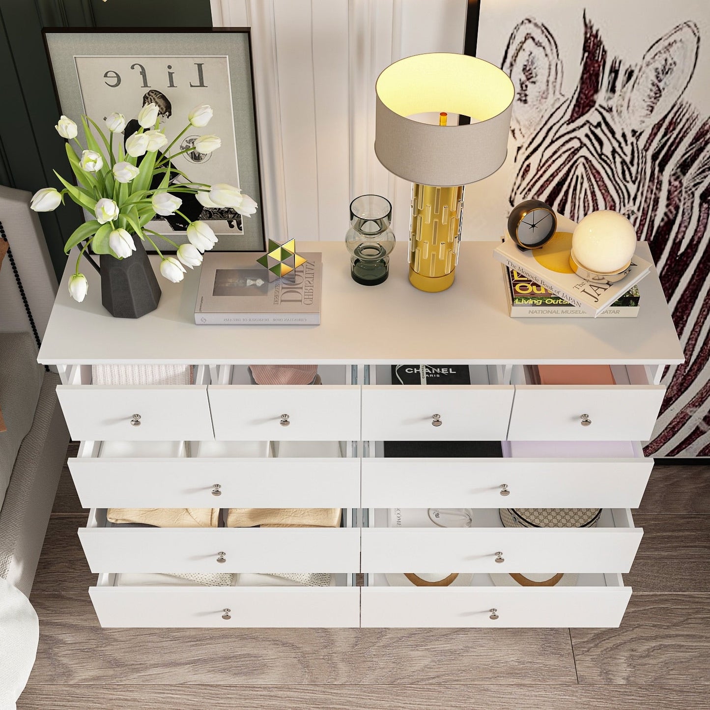 Commode double blanche à 10 tiroirs pour chambre à coucher, grand espace de rangement