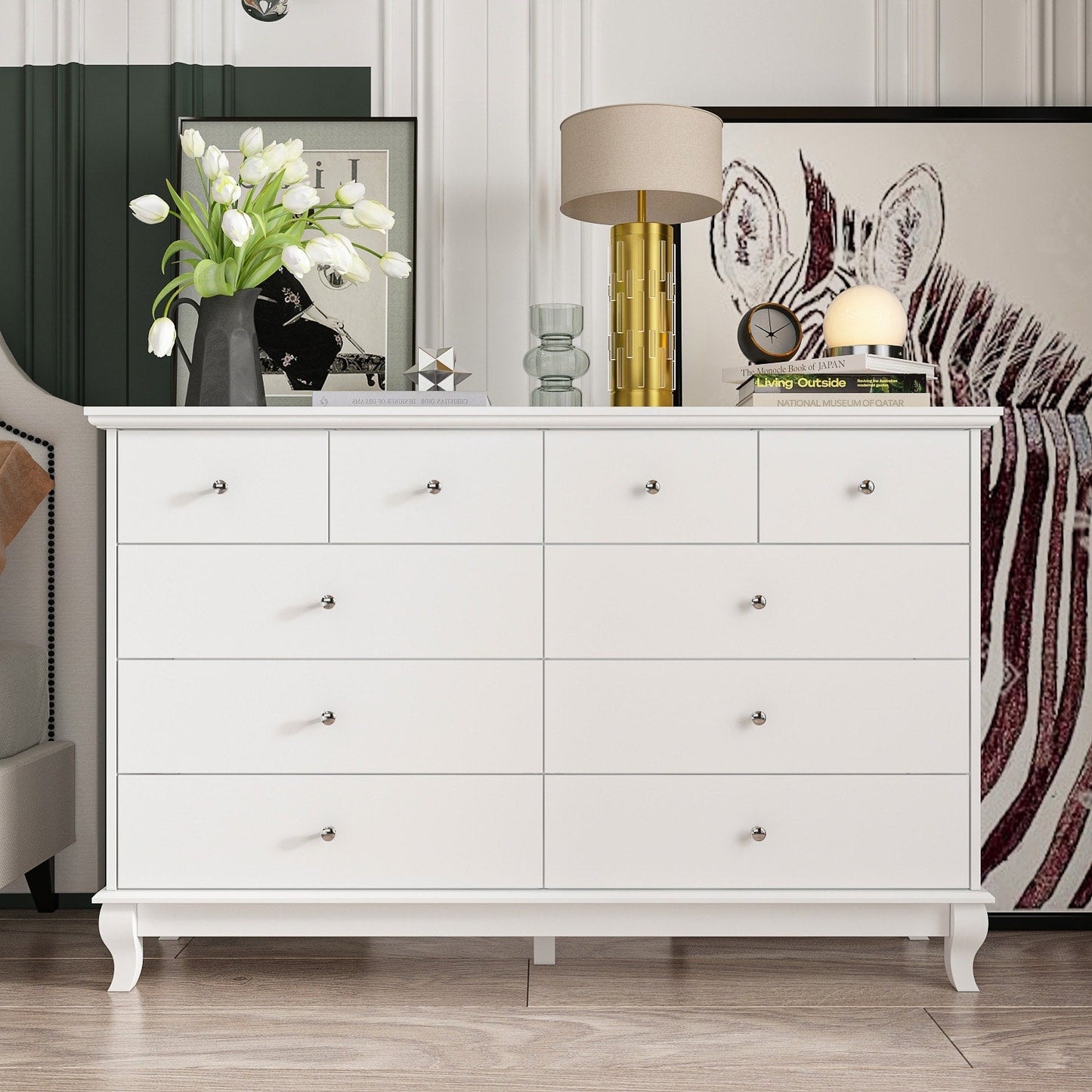 Commode double blanche à 10 tiroirs pour chambre à coucher, grand espace de rangement
