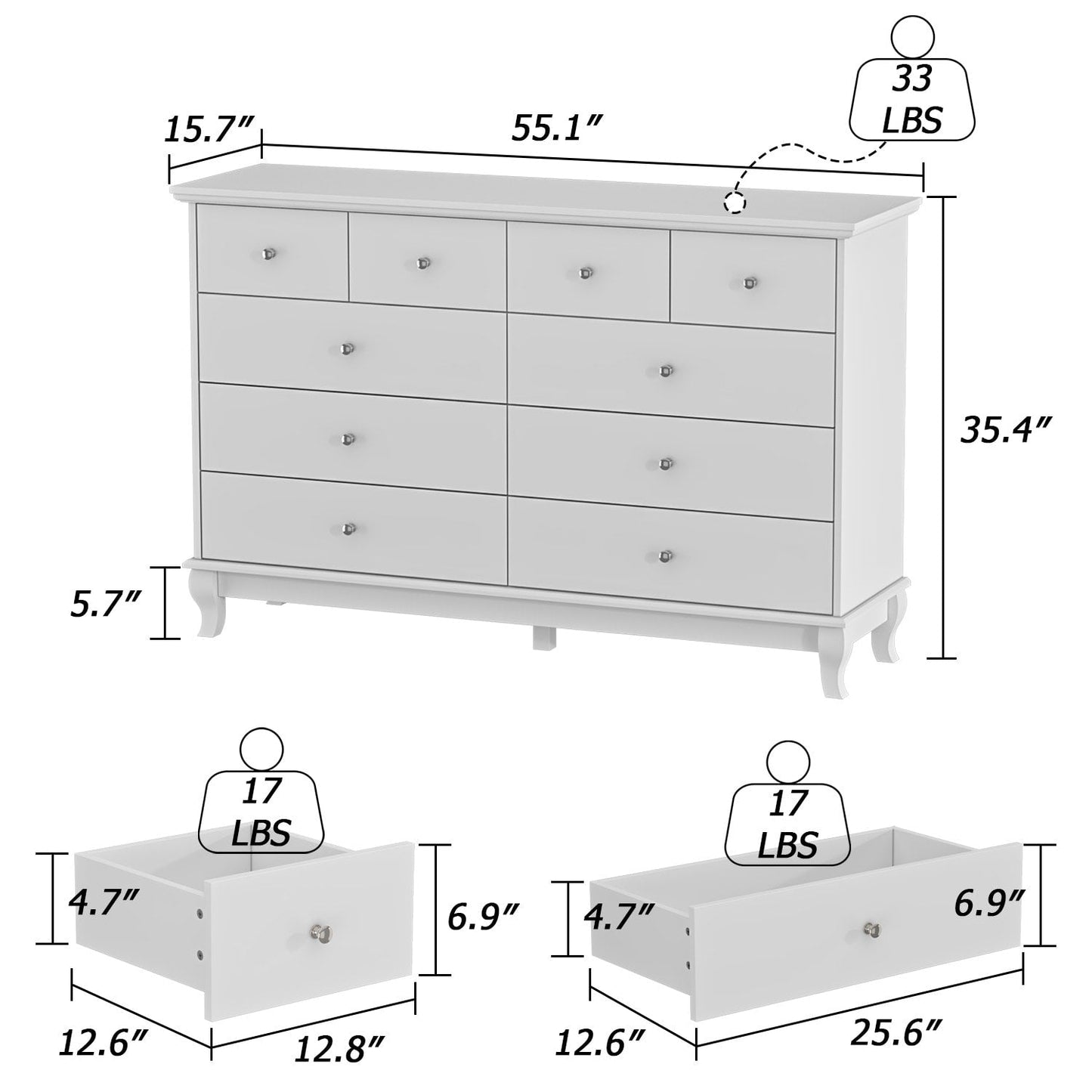 Commode double blanche à 10 tiroirs pour chambre à coucher, grand espace de rangement