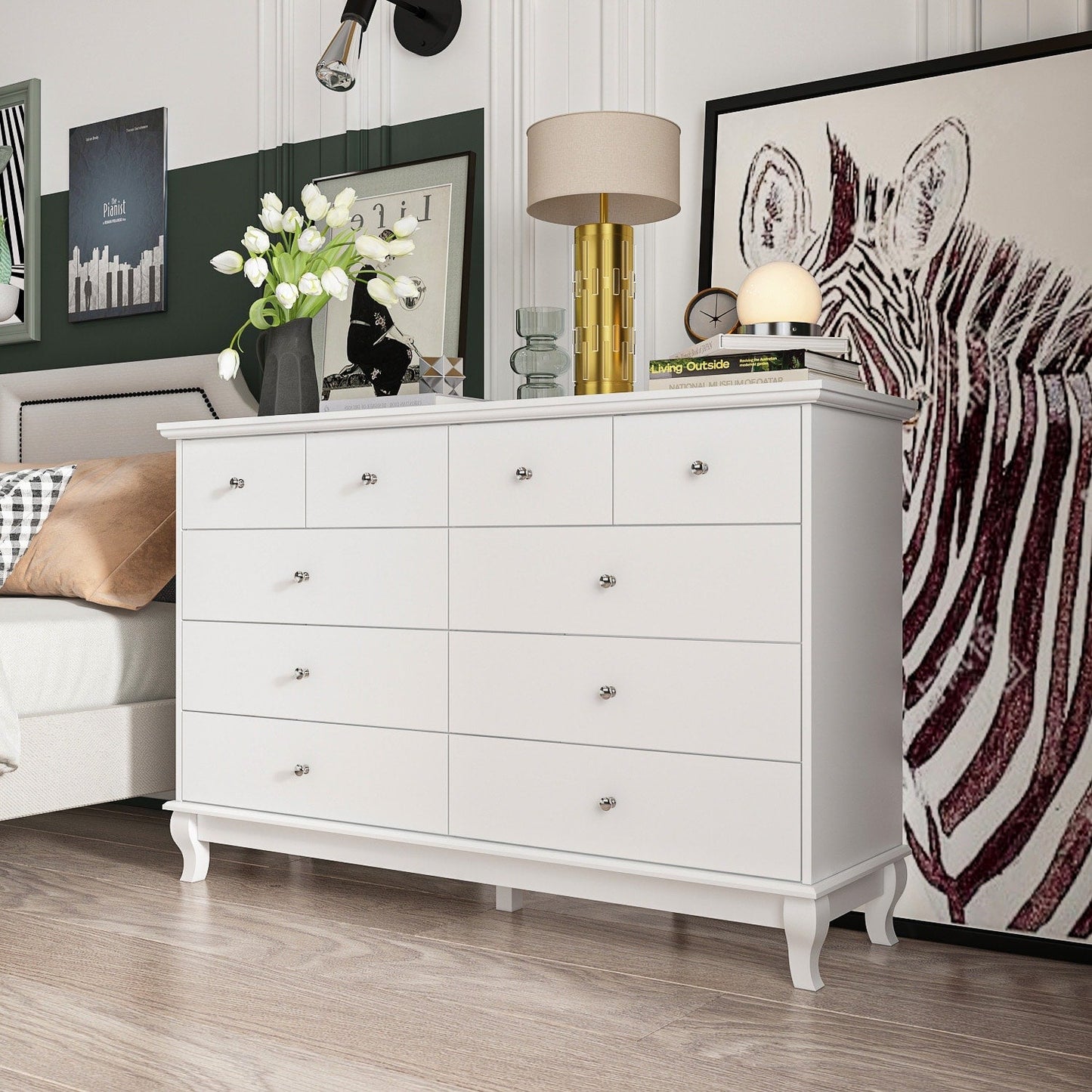 Commode double blanche à 10 tiroirs pour chambre à coucher, grand espace de rangement