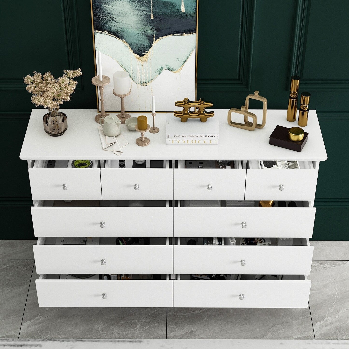 Commode double blanche à 10 tiroirs pour chambre à coucher, grand espace de rangement