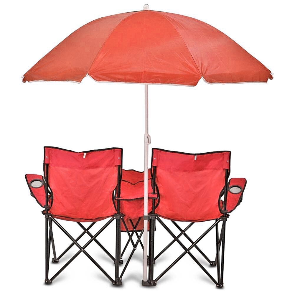 Chaise pliante double portable GoTeam avec parapluie amovible, sac isotherme et étui de transport