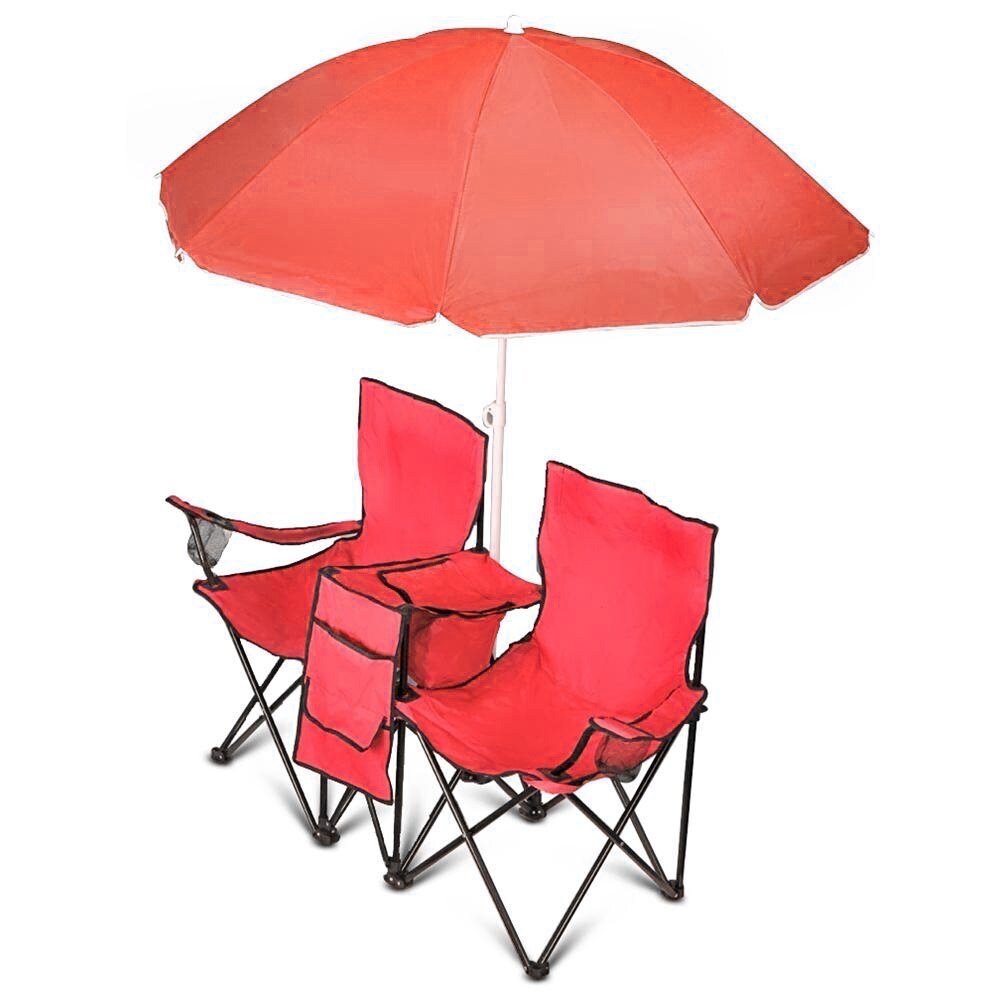 Chaise pliante double portable GoTeam avec parapluie amovible, sac isotherme et étui de transport