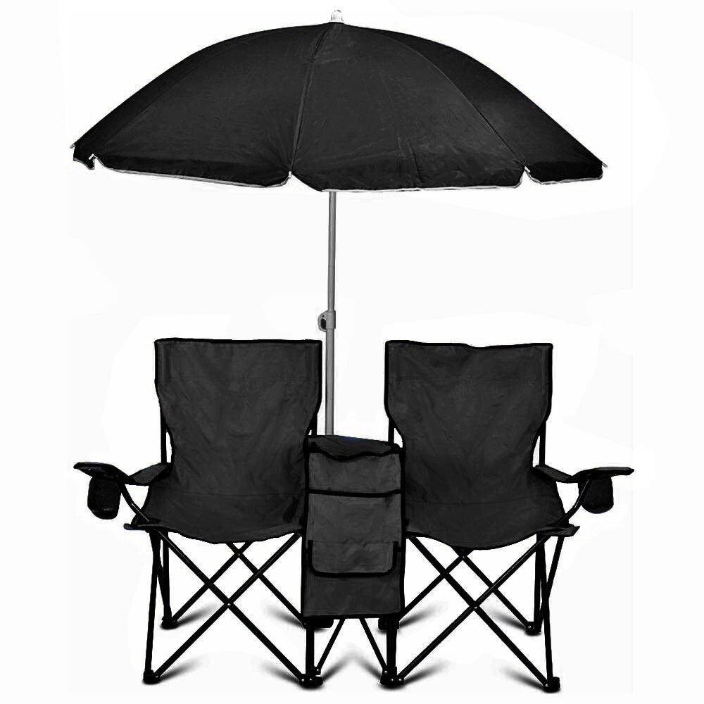 Chaise pliante double portable GoTeam avec parapluie amovible, sac isotherme et étui de transport