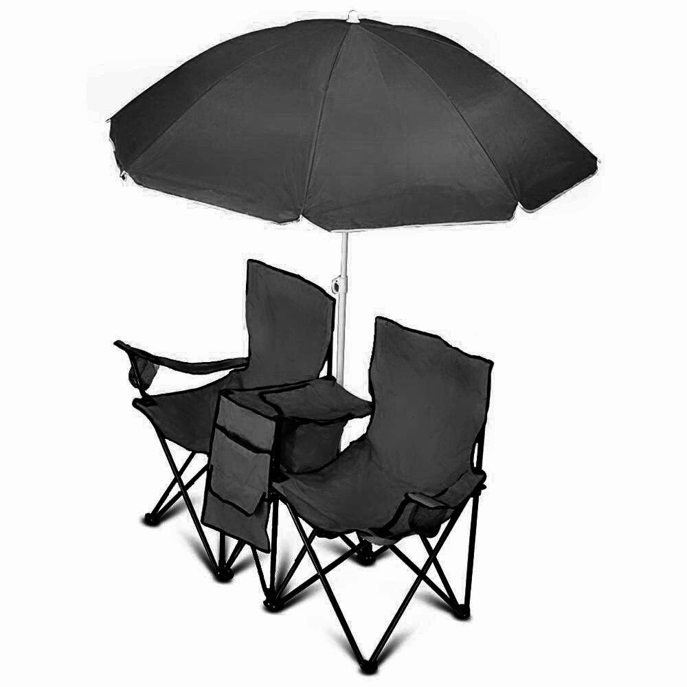 Chaise pliante double portable GoTeam avec parapluie amovible, sac isotherme et étui de transport