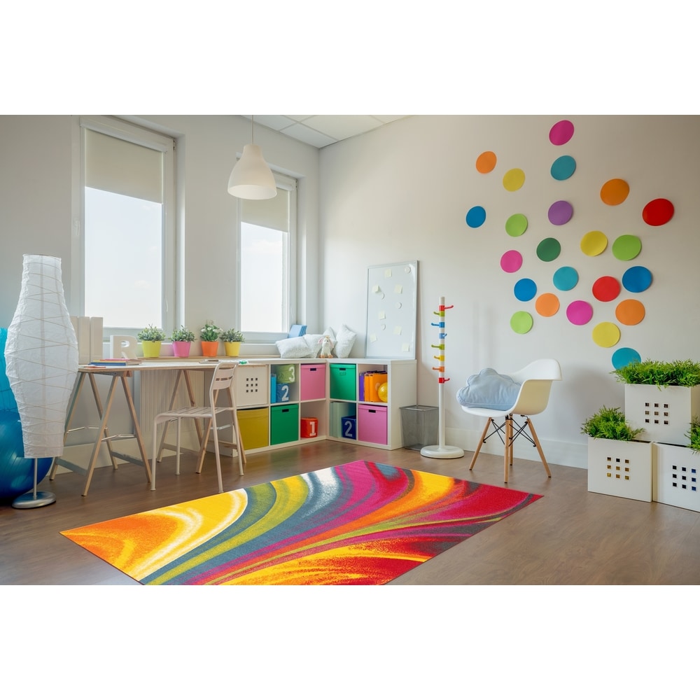 Tapis antidérapant multicolore à vagues contemporaines et modernes de la World Rug Gallery