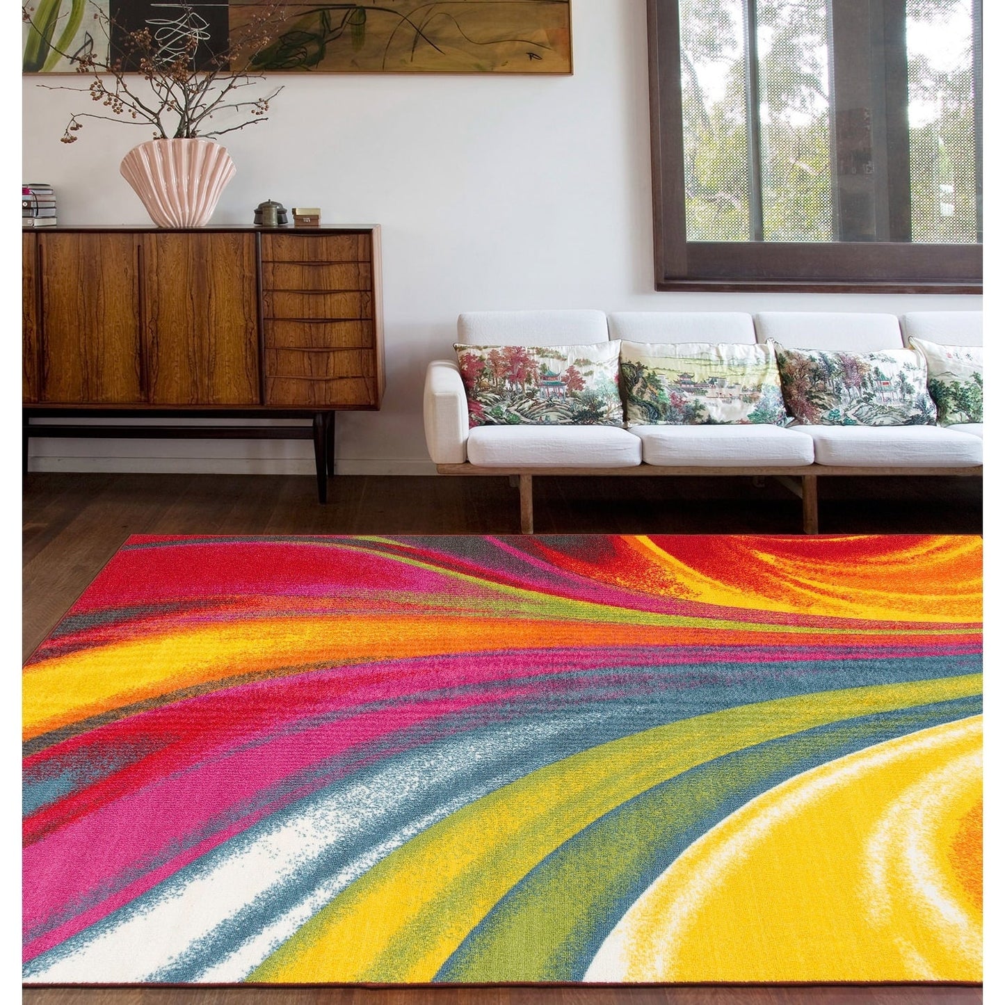 Tapis antidérapant multicolore à vagues contemporaines et modernes de la World Rug Gallery