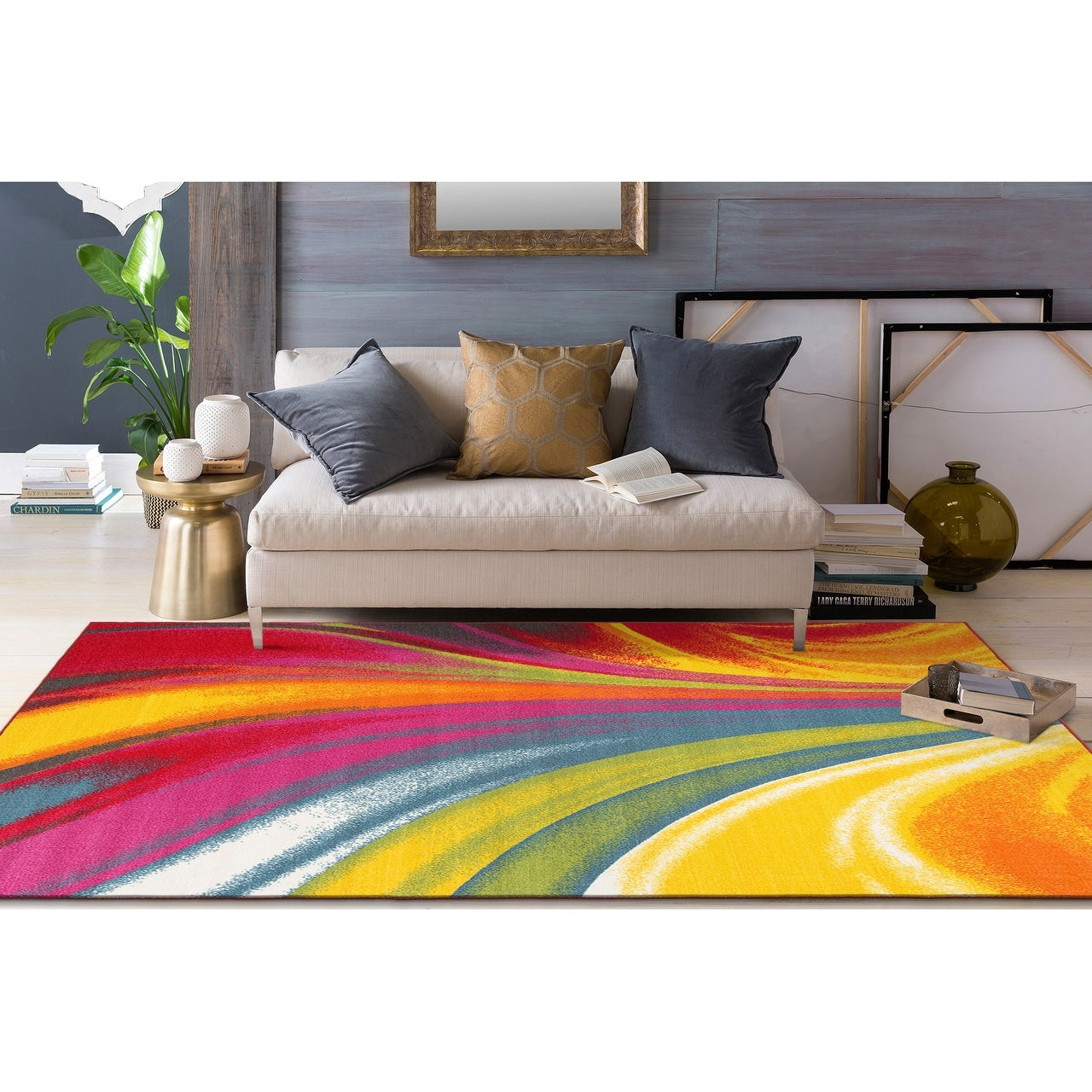 Tapis antidérapant multicolore à vagues contemporaines et modernes de la World Rug Gallery
