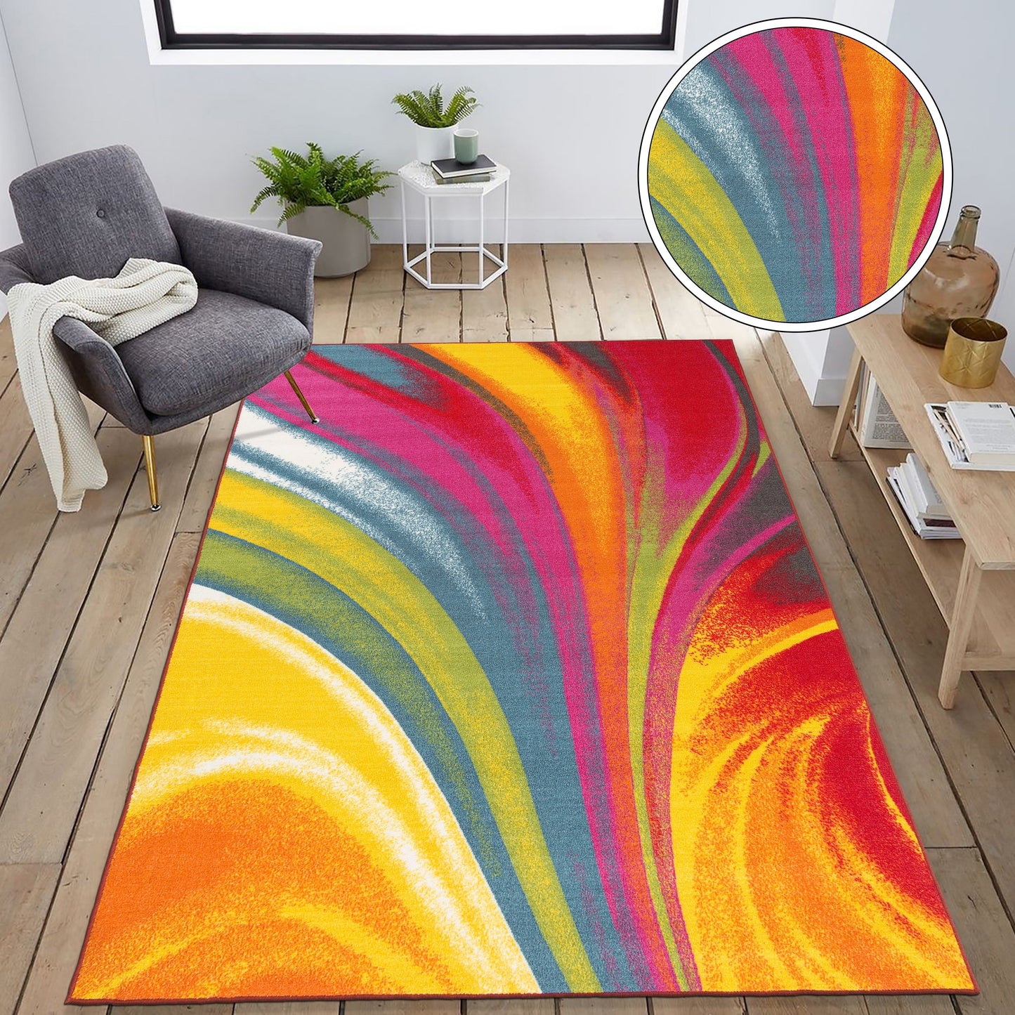 Tapis antidérapant multicolore à vagues contemporaines et modernes de la World Rug Gallery