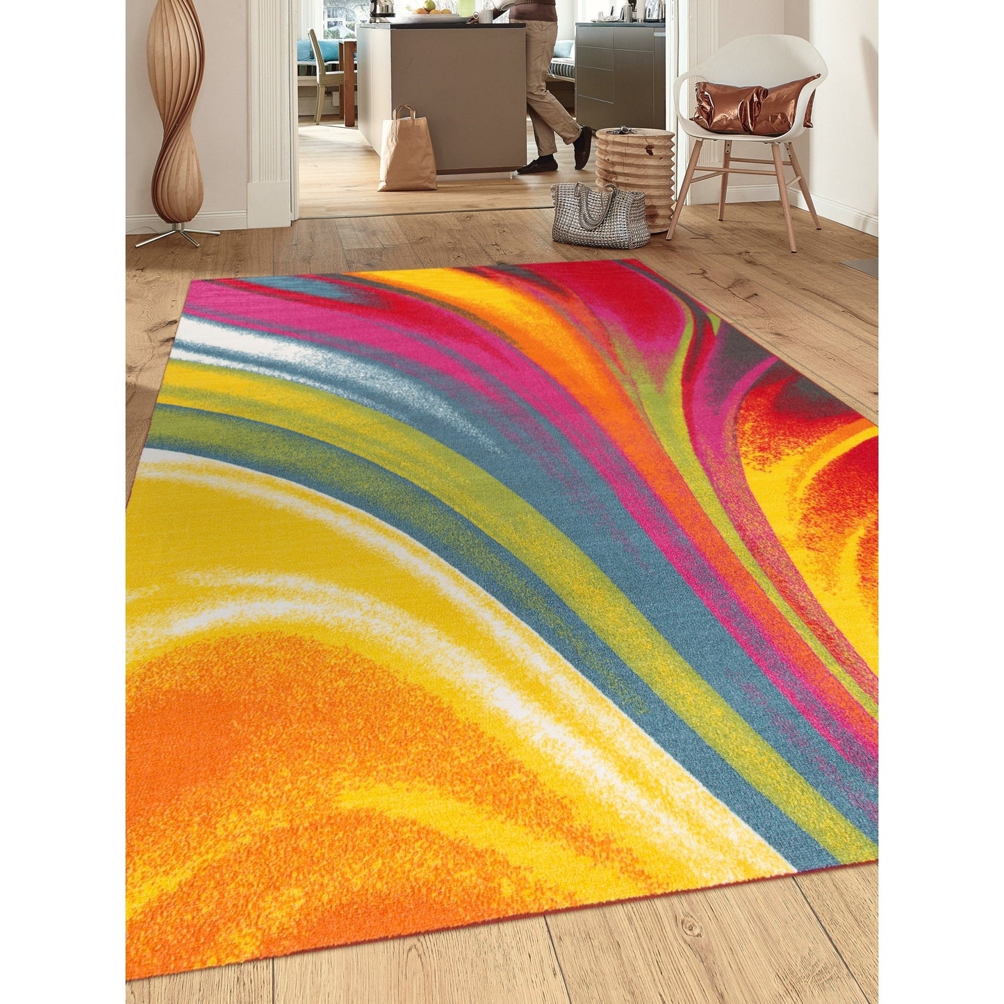 Tapis antidérapant multicolore à vagues contemporaines et modernes de la World Rug Gallery