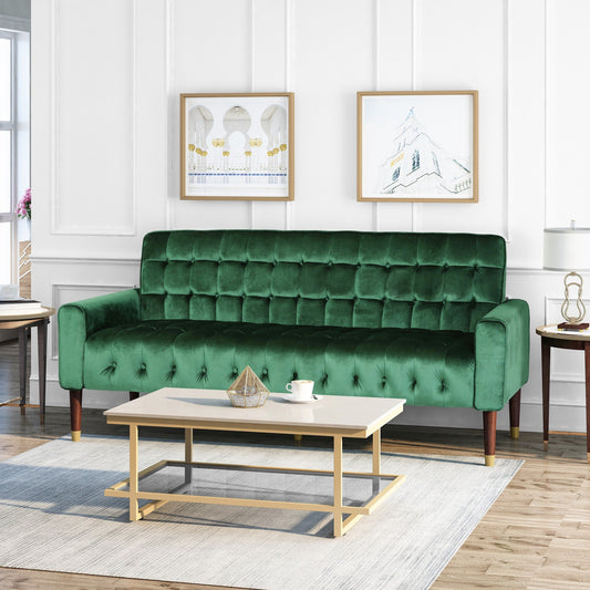 Velvet Button Tufted 3-seater Sofa with Birch Wood Legs