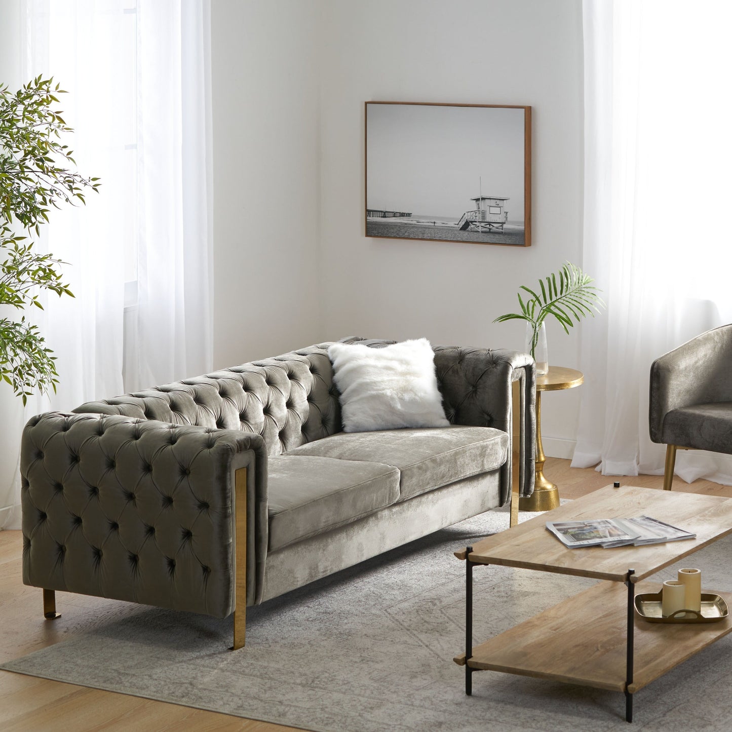 Velvet Button Tufted 3-seater Sofa with Iron Legs