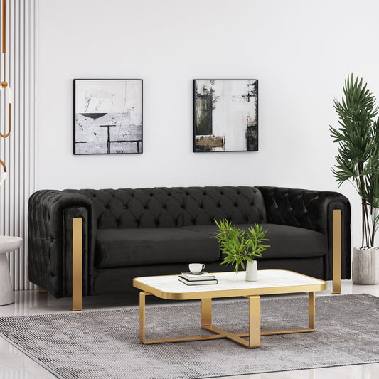 Velvet Button Tufted 3-seater Sofa with Iron Legs