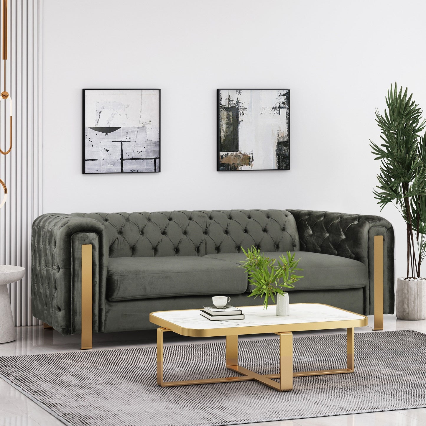 Velvet Button Tufted 3-seater Sofa with Iron Legs