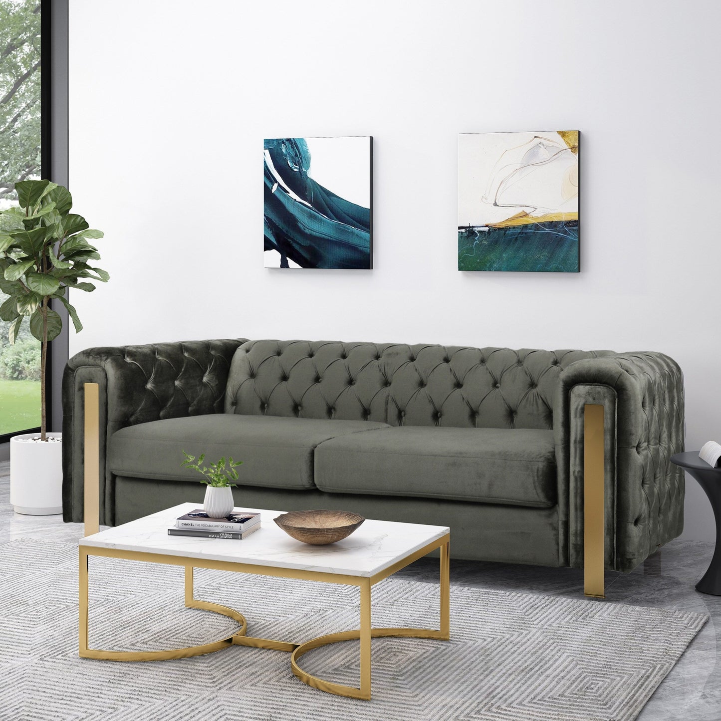 Velvet Button Tufted 3-seater Sofa with Iron Legs