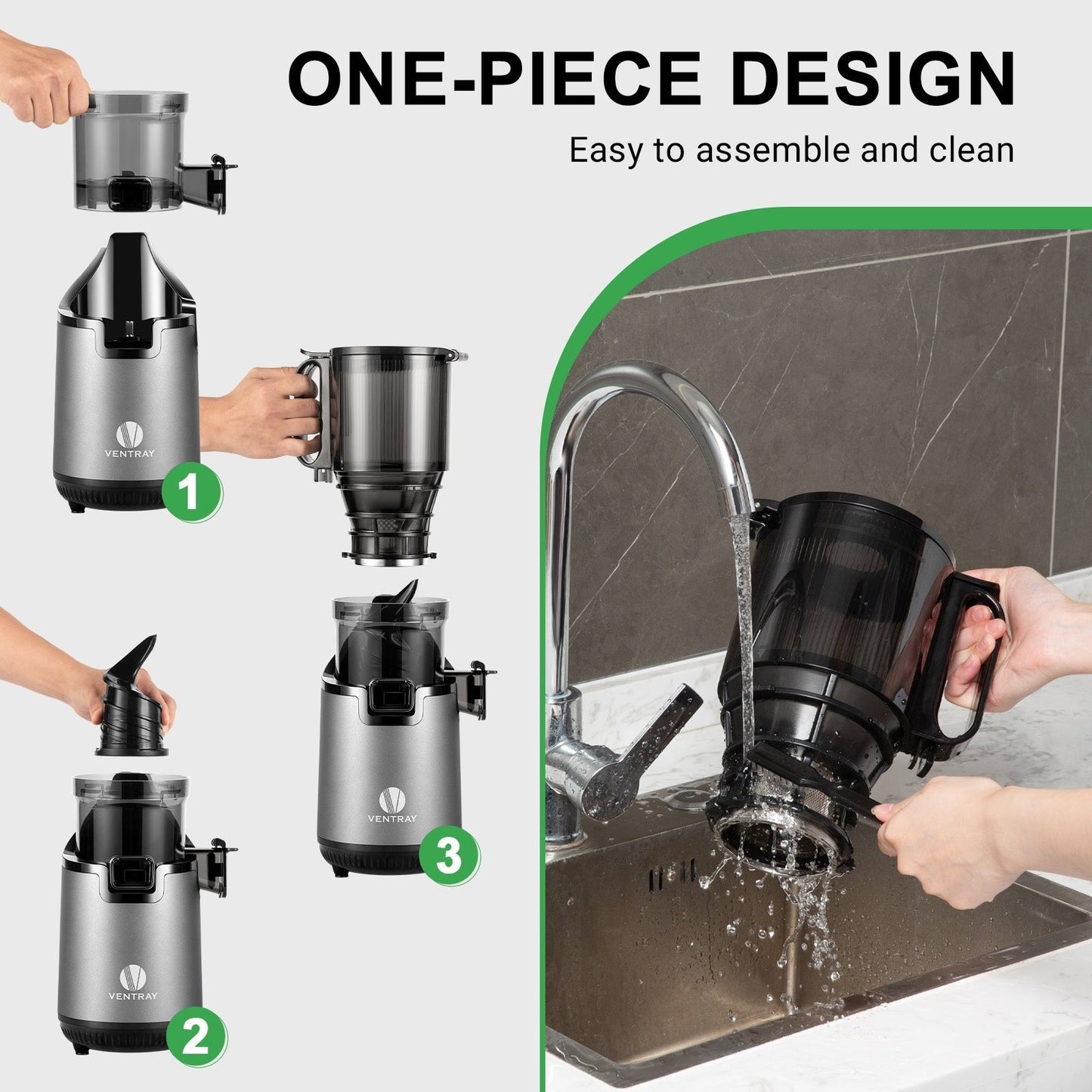 Extracteur de jus à mastication lente Ventray 900, presse à froid avec goulotte d'alimentation extra large de 5,1 pouces