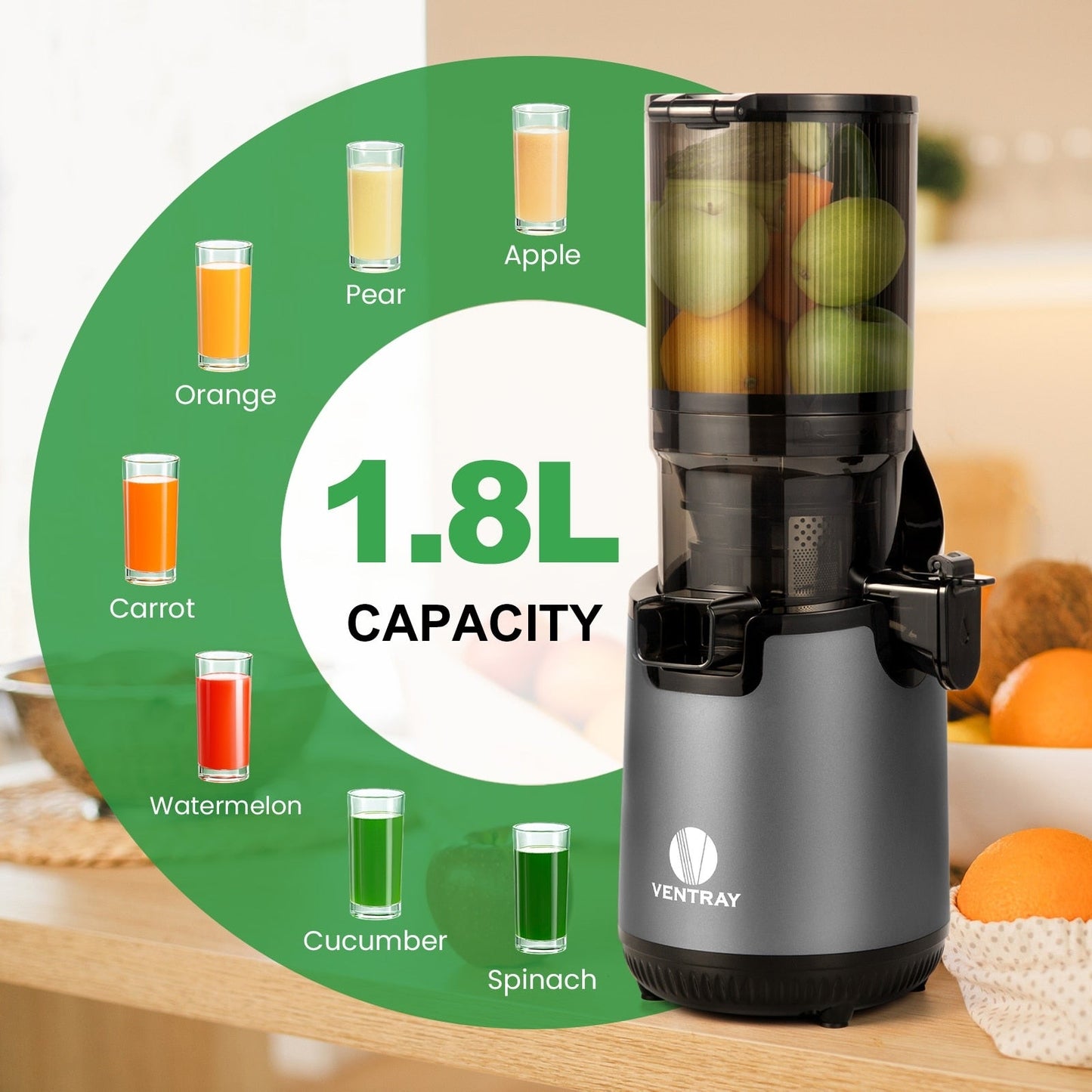 Extracteur de jus à mastication lente Ventray 900, presse à froid avec goulotte d'alimentation extra large de 5,1 pouces
