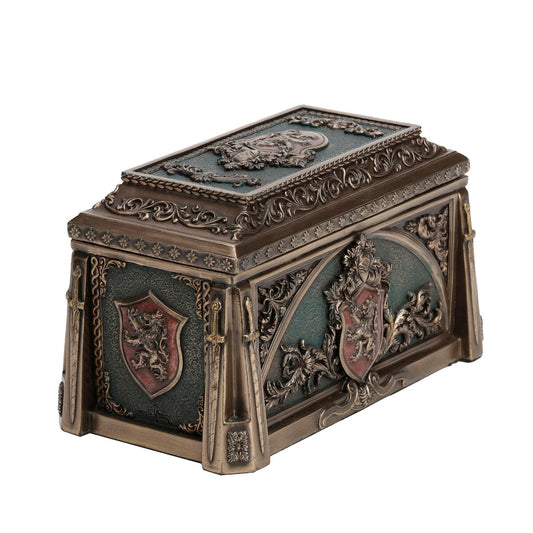 Coffret à bijoux médiéval en bronze coulé à froid avec blason de lion de 9,3 pouces de hauteur Veronese Design