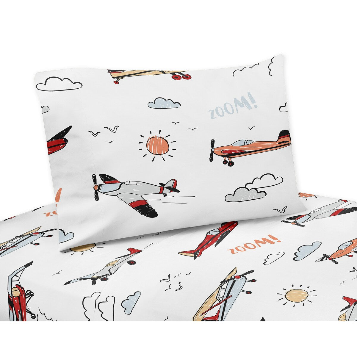 Parure de draps 3 pièces pour lit double motif avion vintage - Gris, jaune, orange, rouge, blanc et bleu, avions, transport, nuages, soleil, ciel