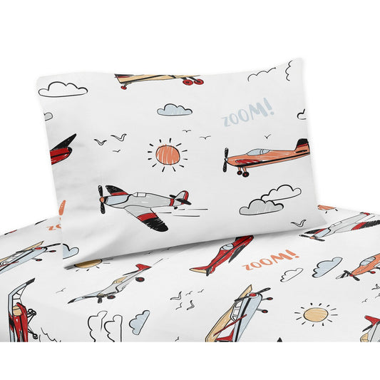 Parure de draps 3 pièces pour lit double motif avion vintage - Gris, jaune, orange, rouge, blanc et bleu, avions, transport, nuages, soleil, ciel