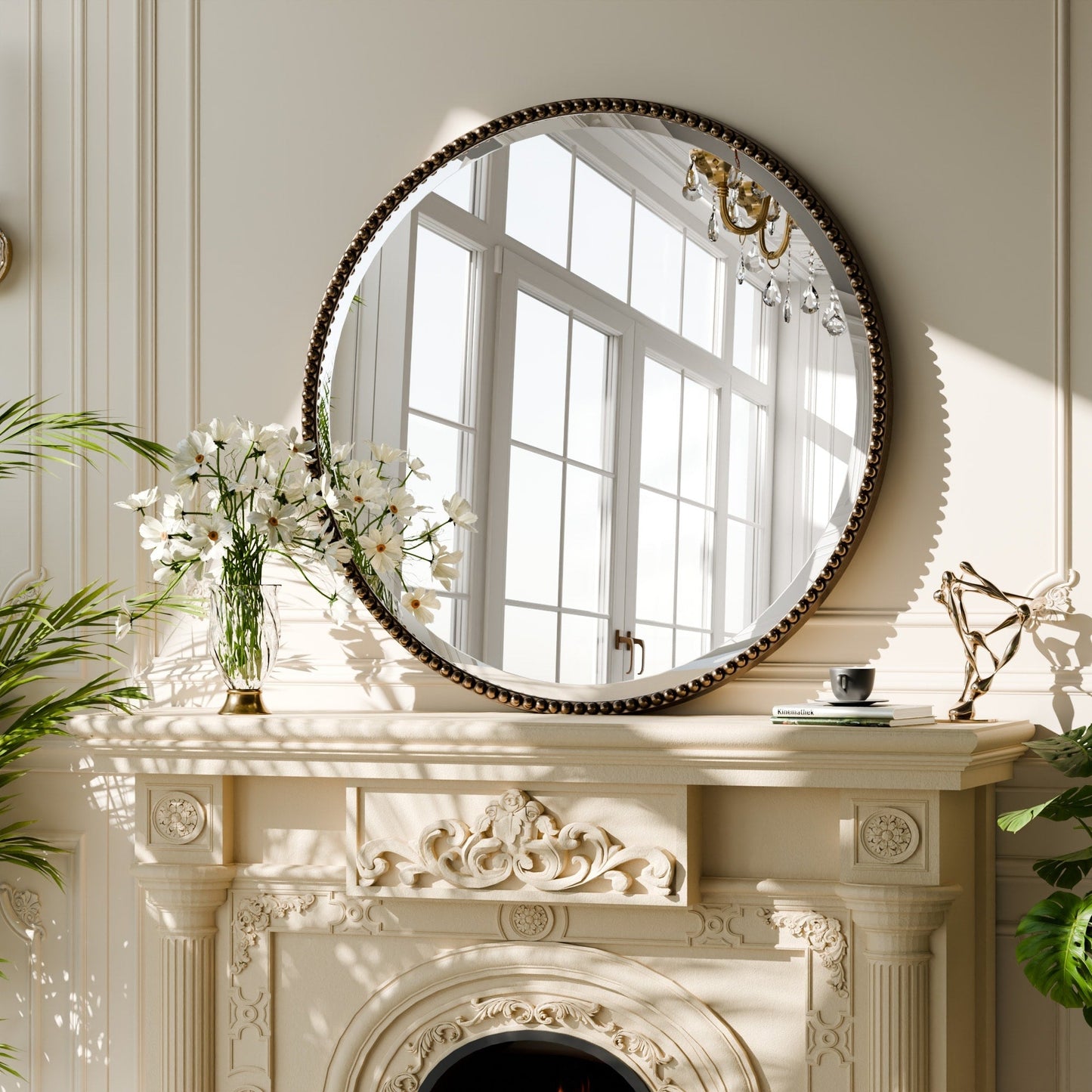 Miroir de salle de bain rond vintage avec cadre perlé