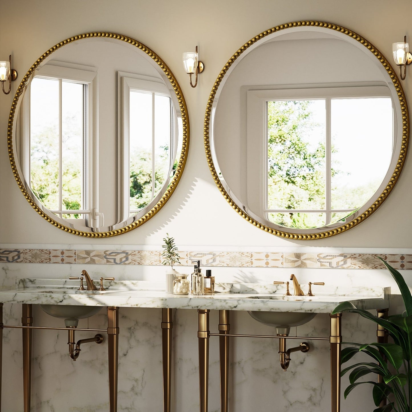 Miroir de salle de bain rond vintage avec cadre perlé