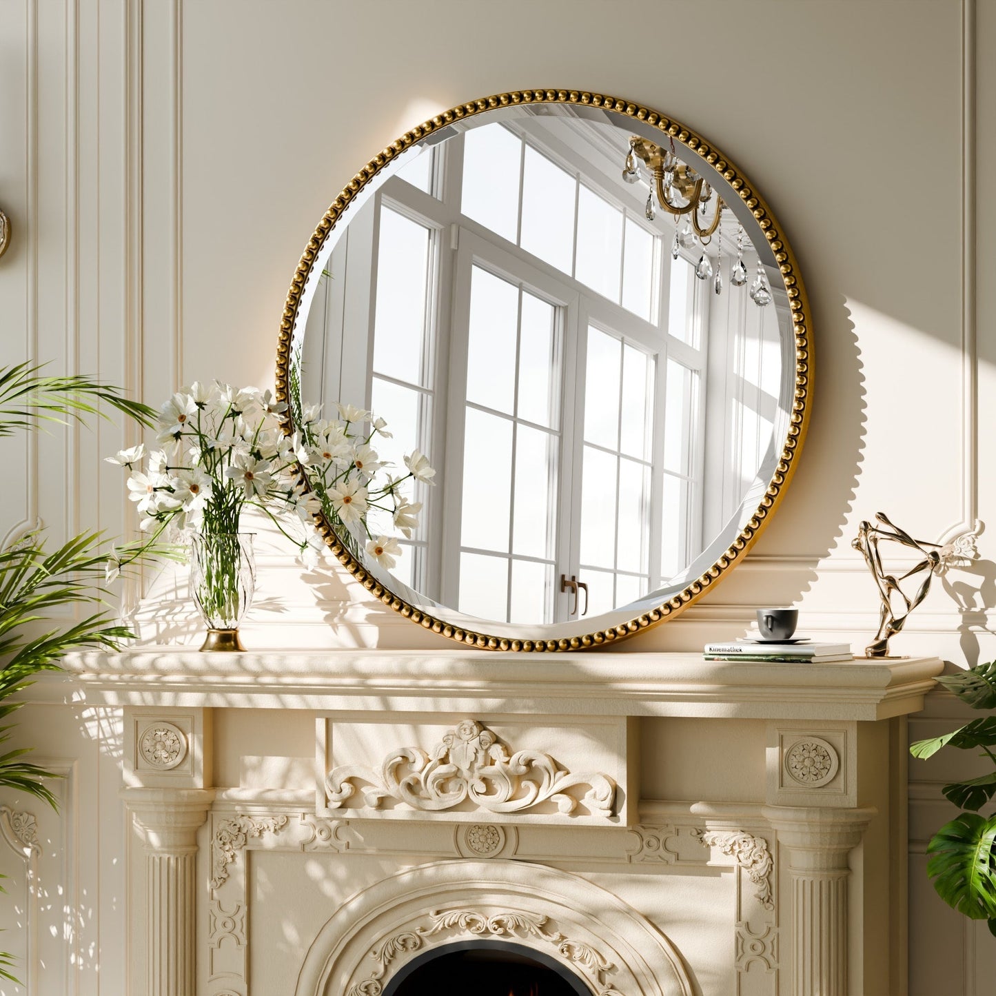 Miroir de salle de bain rond vintage avec cadre perlé