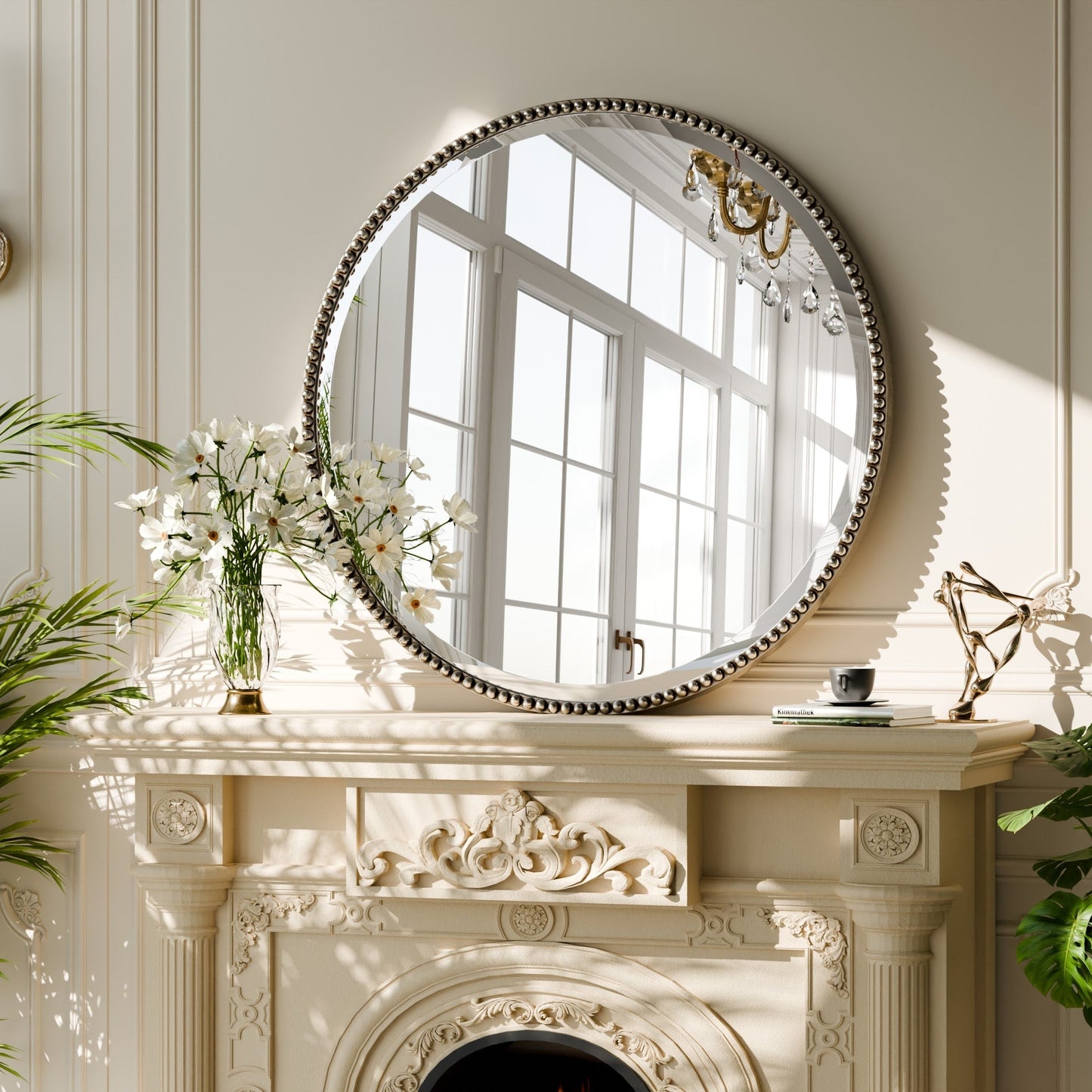 Miroir de salle de bain rond vintage avec cadre perlé