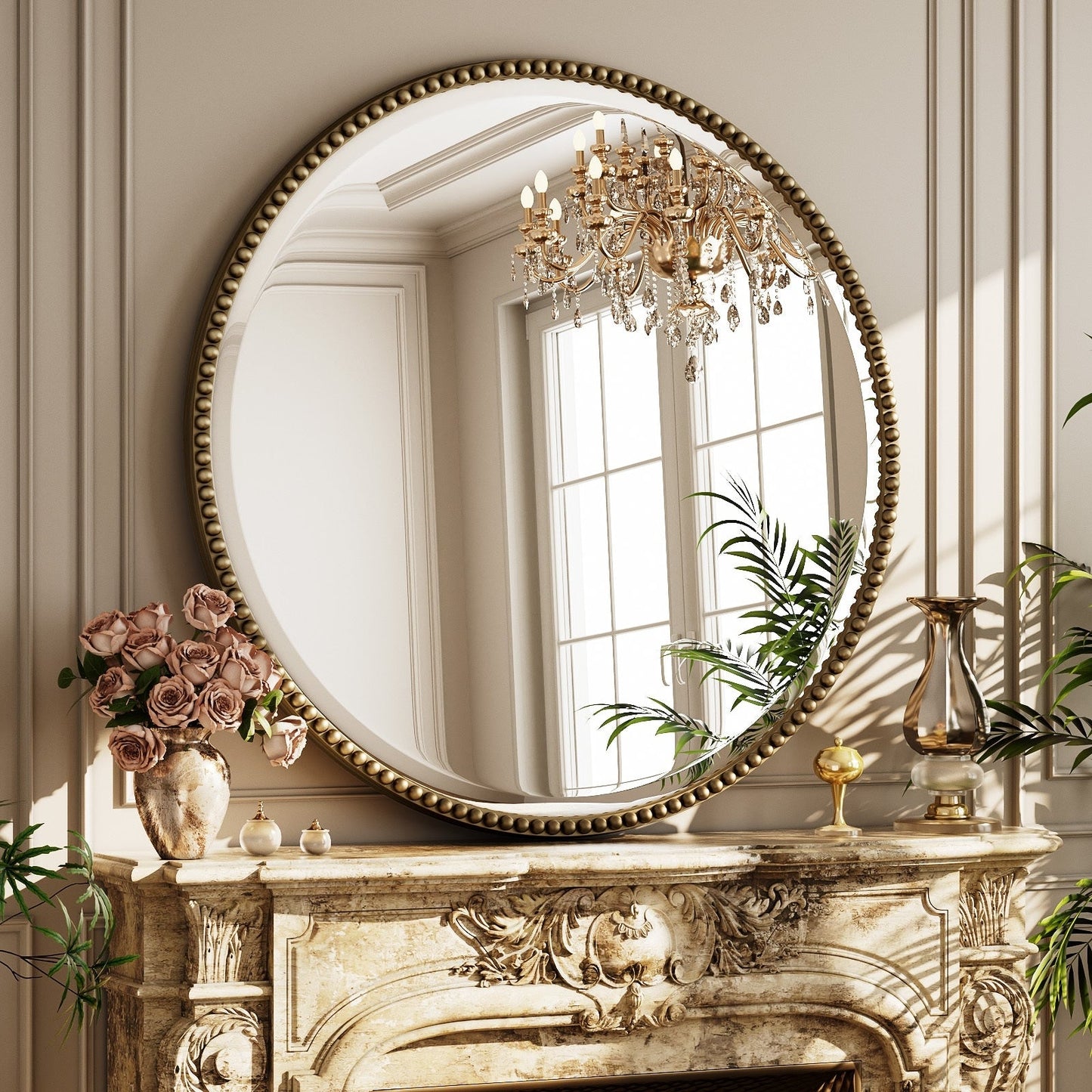 Miroir de salle de bain rond vintage avec cadre perlé