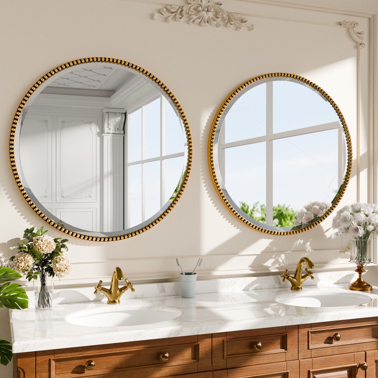 Miroir de salle de bain rond vintage avec cadre perlé