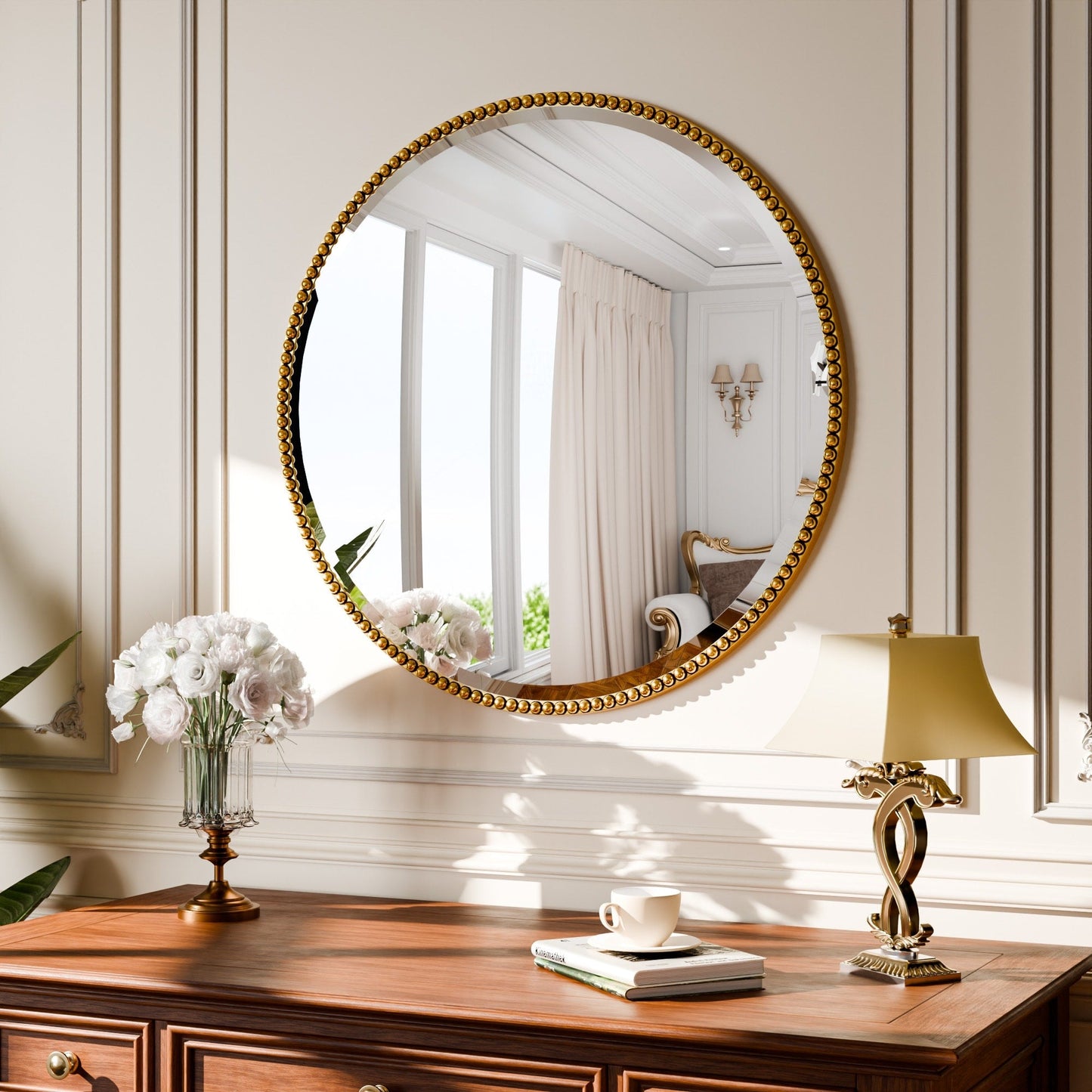 Miroir de salle de bain rond vintage avec cadre perlé