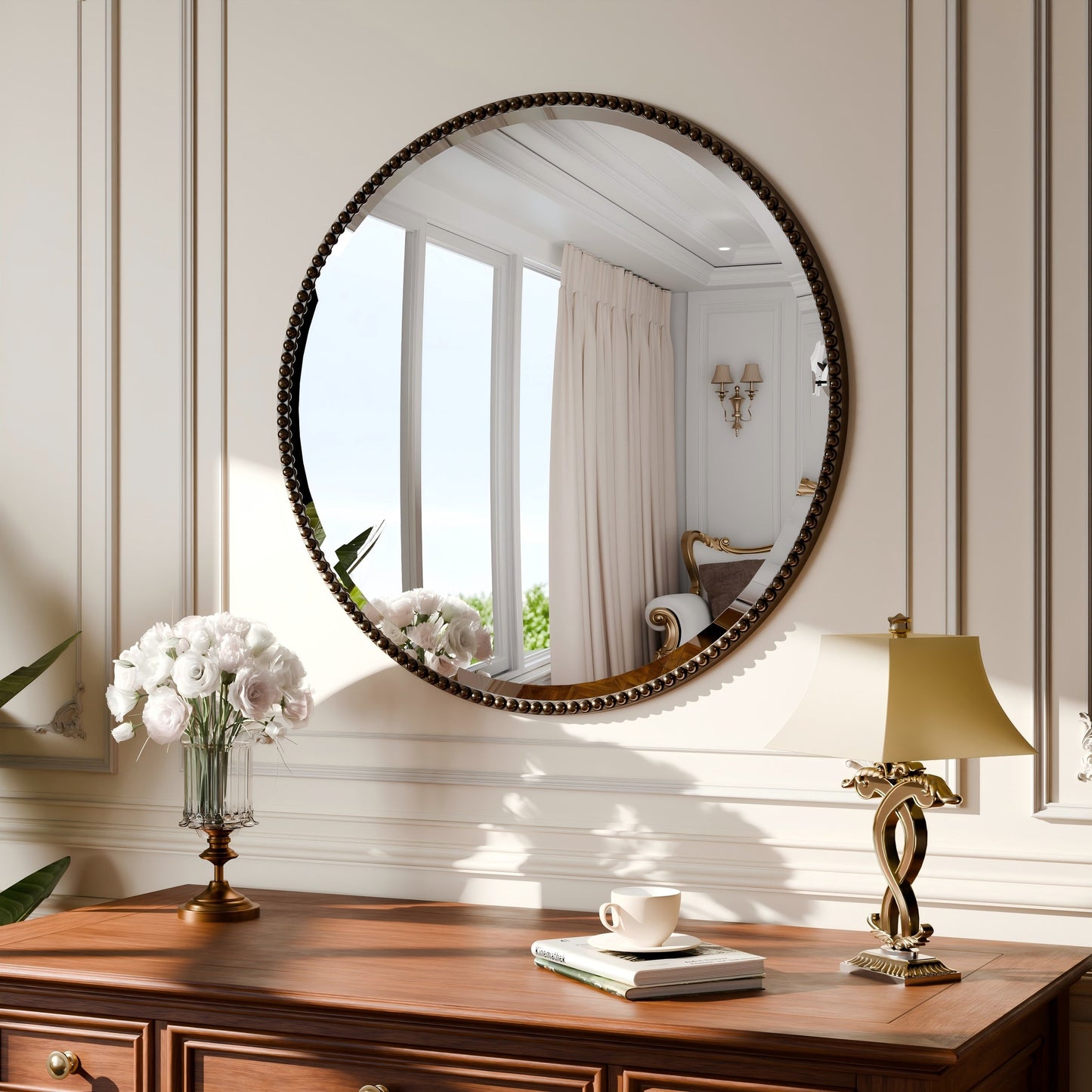 Miroir de salle de bain rond vintage avec cadre perlé