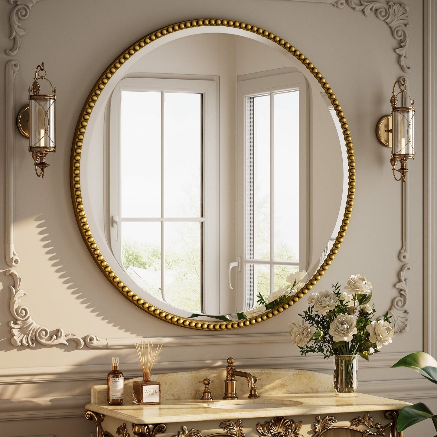 Miroir de salle de bain rond vintage avec cadre perlé