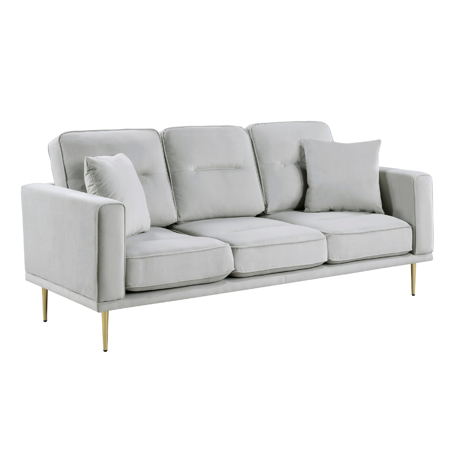 Canapé Voxo, assise rembourrée en velours gris, deux coussins décoratifs, 82 pouces