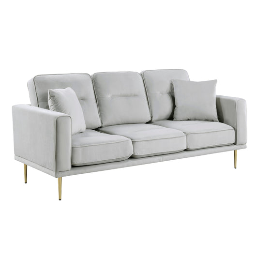 Canapé Voxo, assise rembourrée en velours gris, deux coussins décoratifs, 82 pouces