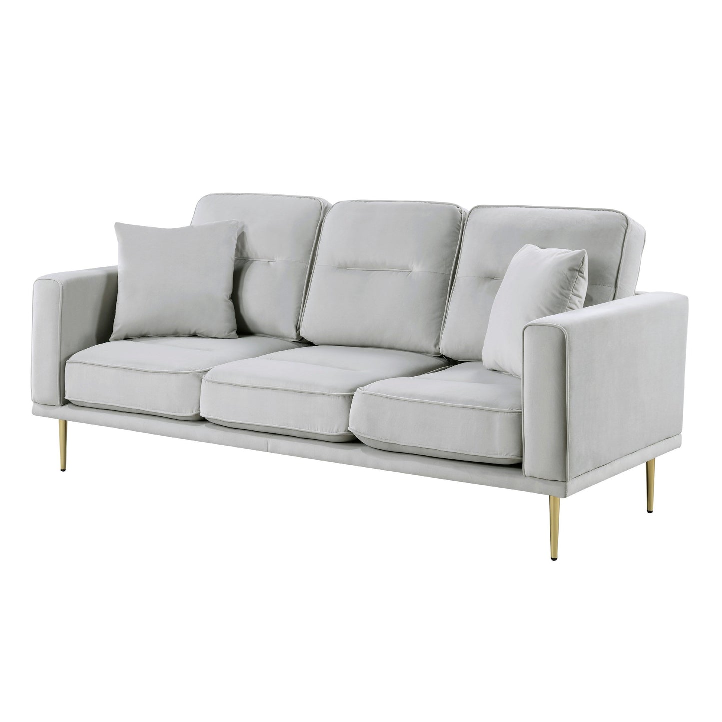 Canapé Voxo, assise rembourrée en velours gris, deux coussins décoratifs, 82 pouces