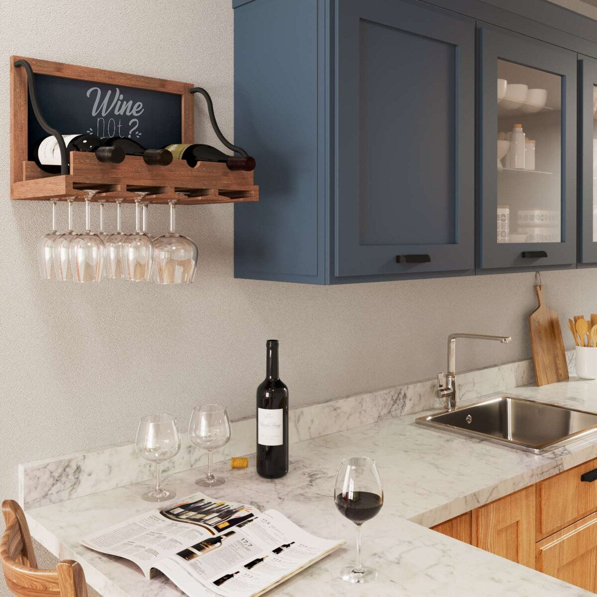 Étagère à vin murale en bois Colmar, support pour verres à vin, organiseur pour 4 bouteilles de vin, décoration rustique pour bar à domicile